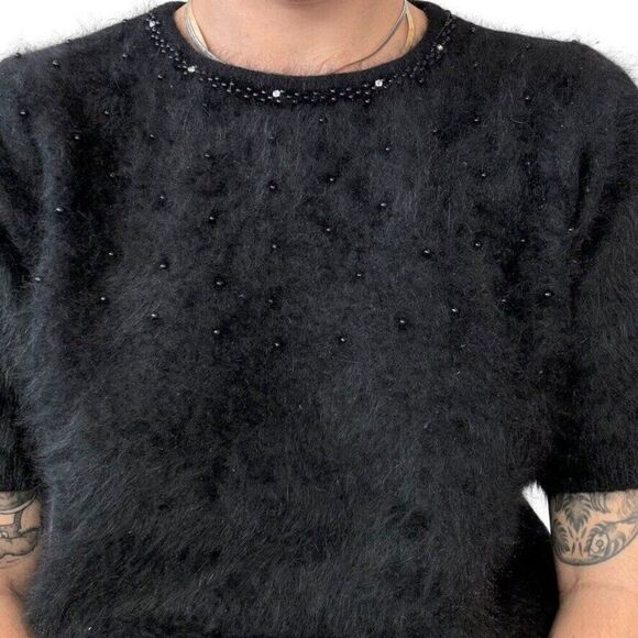 Vintage Womens Rosamela Black Angora Blend Fluffy Soft Short Sleeve Sweater Sz M - Picture 3 of 8
